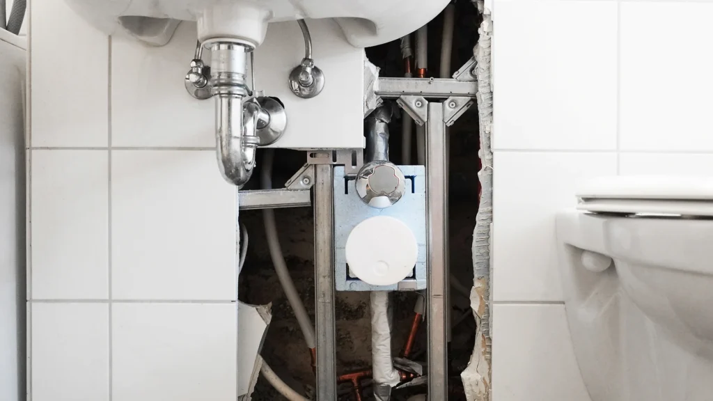 Bathroom sink plumbing with tile removed being repaired