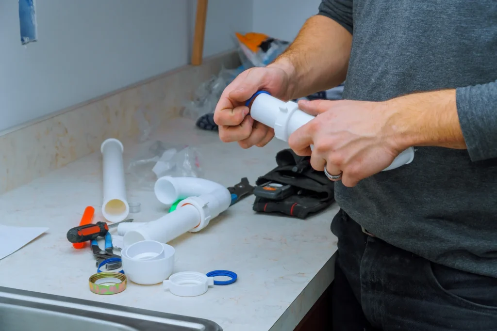 Plumber assembling a new PVC Pipe for a pipe replacement