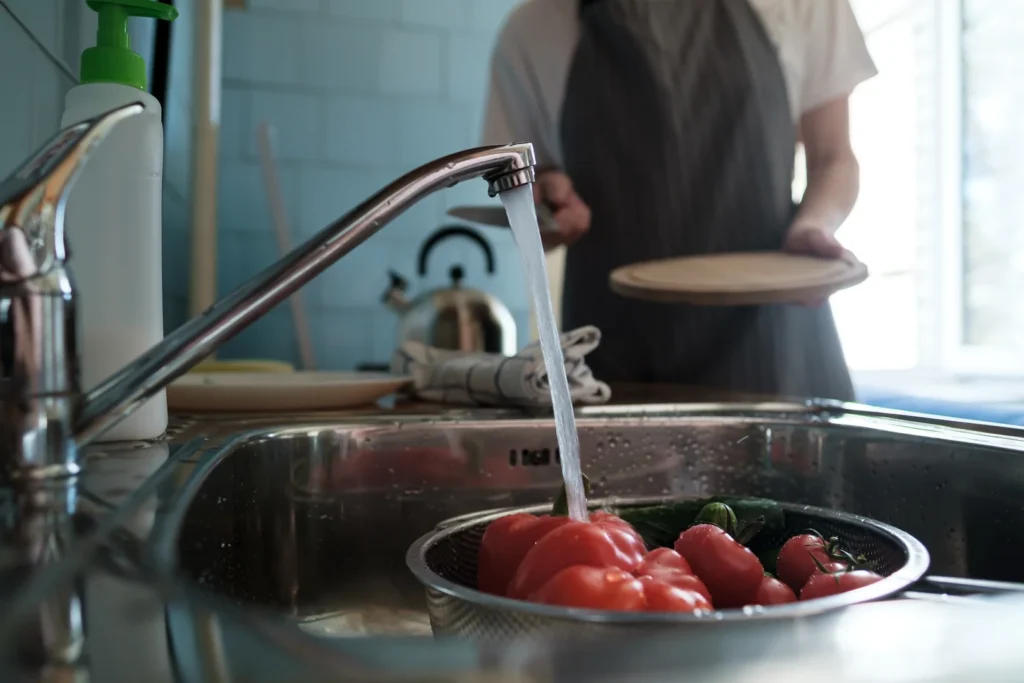 Washing Tomatoes with a newly installed sink