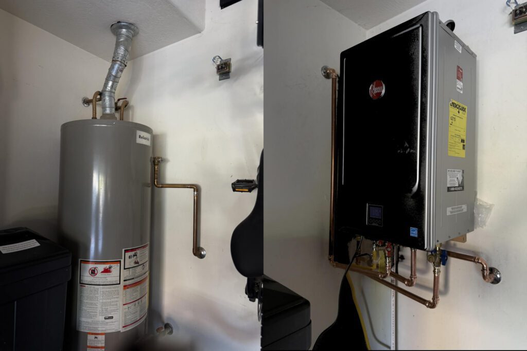 A side by side of a tanked water heater and a tankless water heater