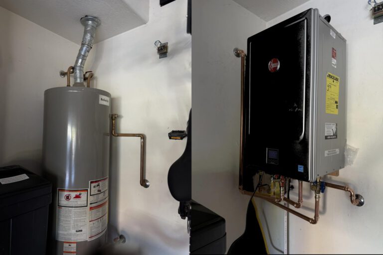 A side by side of a tanked water heater and a tankless water heater